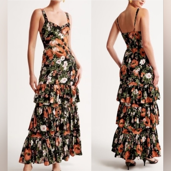 Abercrombie & Fitch Dresses & Skirts - Abercrombie & Fitch Ruffle Tiered Black Orange Floral Maxi Dress Size XS